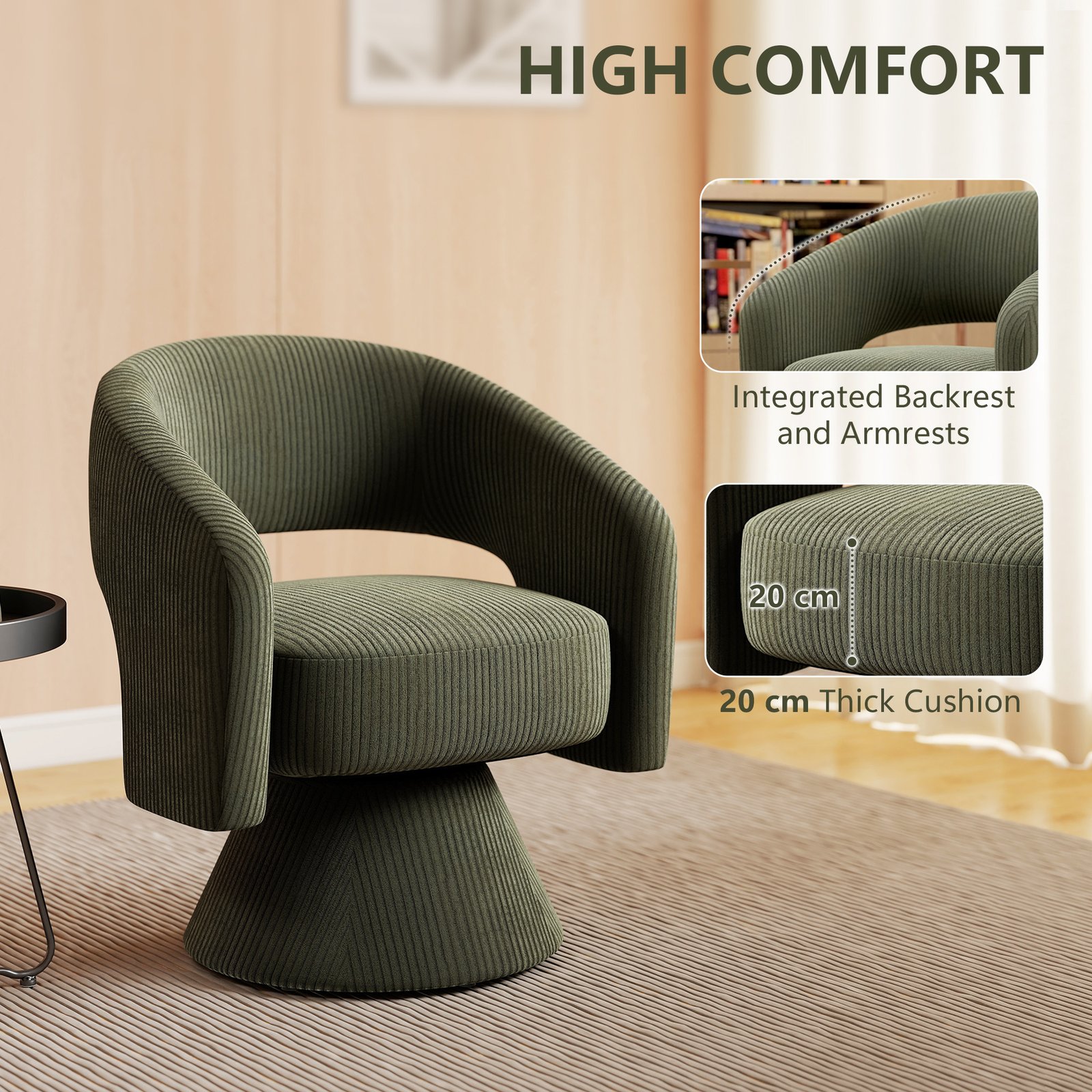 Swivel Barrel Accent Chair, Modern Upholstered Living Room Chair With Thick Padding For Reading, Green - Image 2