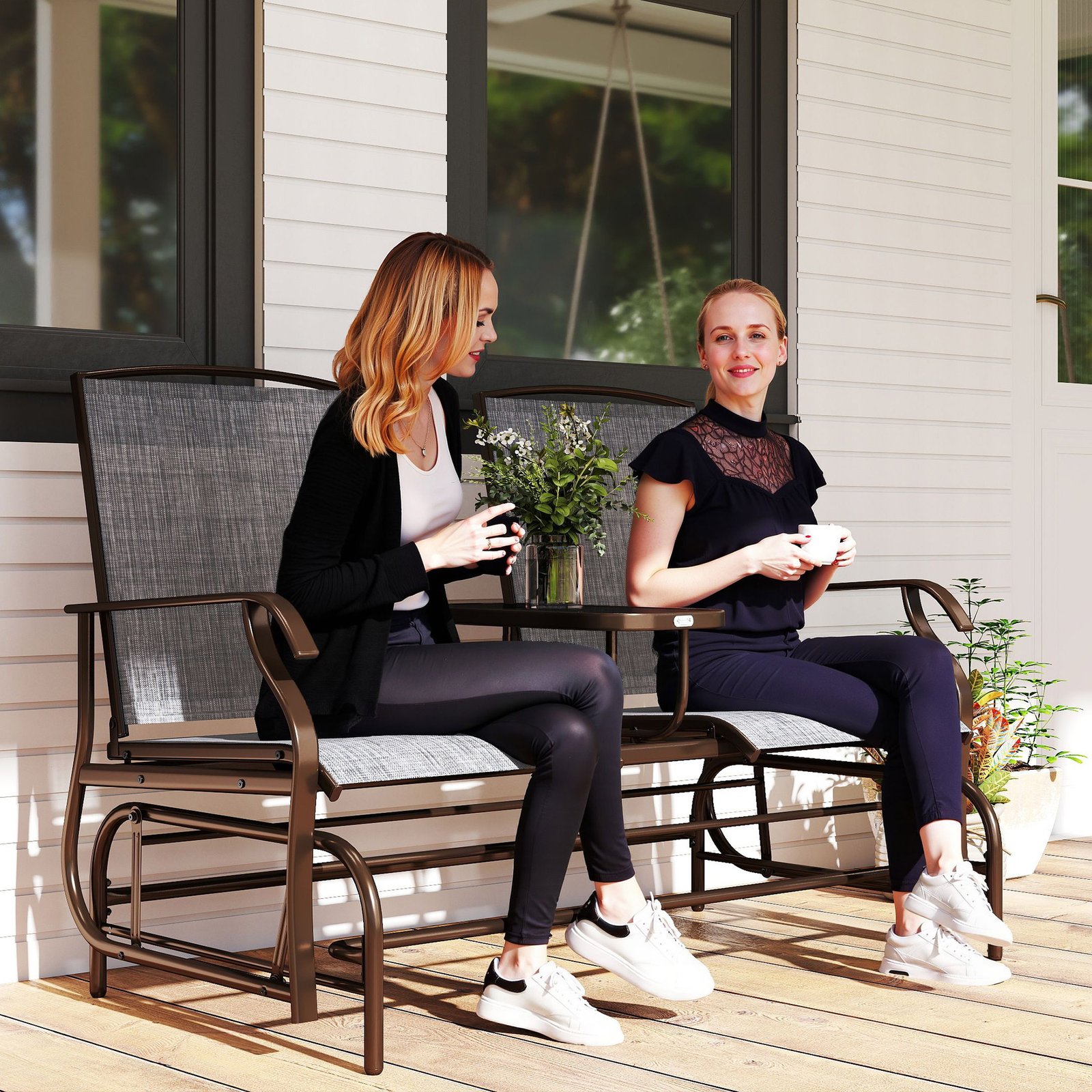 2-Seat Outdoor Glider Swing, Center Coffee Table And Independent Chairs, Supports Up To 352 Lbs., Loveseat With Breathable Sling For Backyard, Garden, And Porch, Brown