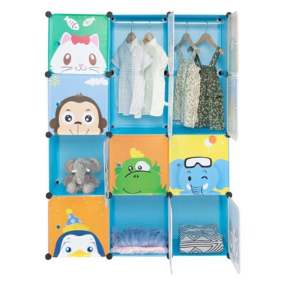 4-layer 12-compartment 2-hanging-bar Modular Wardrobe With Plastic And Steel Wire Materials Featuring Animal Patterns. The Door Has A Floral Design And The Cabinet Body Is Blue.