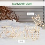 35" Christmas Reindeer And Sleigh With LED Motif Warm White Lighting, Indoor Outdoor Steel Frame Yard Decoration