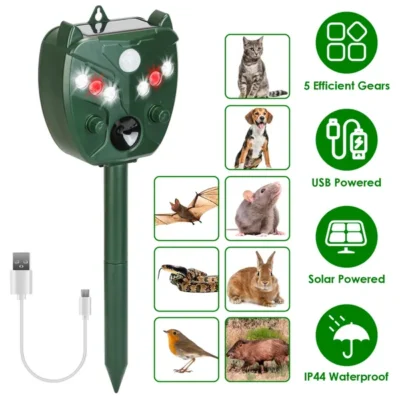 Ultrasonic Solar Animal Repeller Outdoor Mole Snake Squirrel Mouse Chaser Waterproof Bird Deer Dog Cat Deterrent With 5 Gears For Farm Garden Yard