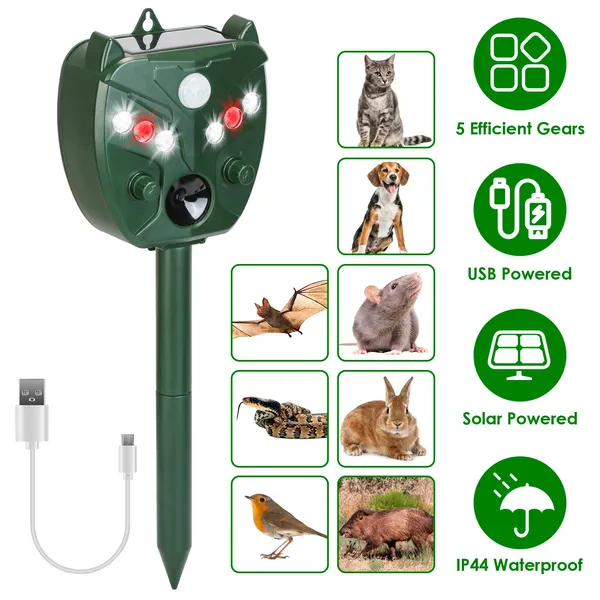 Ultrasonic Solar Animal Repeller Outdoor Mole Snake Squirrel Mouse Chaser Waterproof Bird Deer Dog Cat Deterrent With 5 Gears For Farm Garden Yard