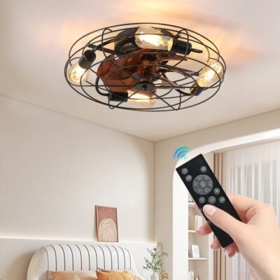 Caged Ceiling Fan With Light, 20'' Farmhouse Low Profile Ceiling Fan Lights With Remote Control, Modern Enclosed 4x E26 Bulb Ceiling Fans With Reversible Motor Living Room Bedroom Kitchen, Black