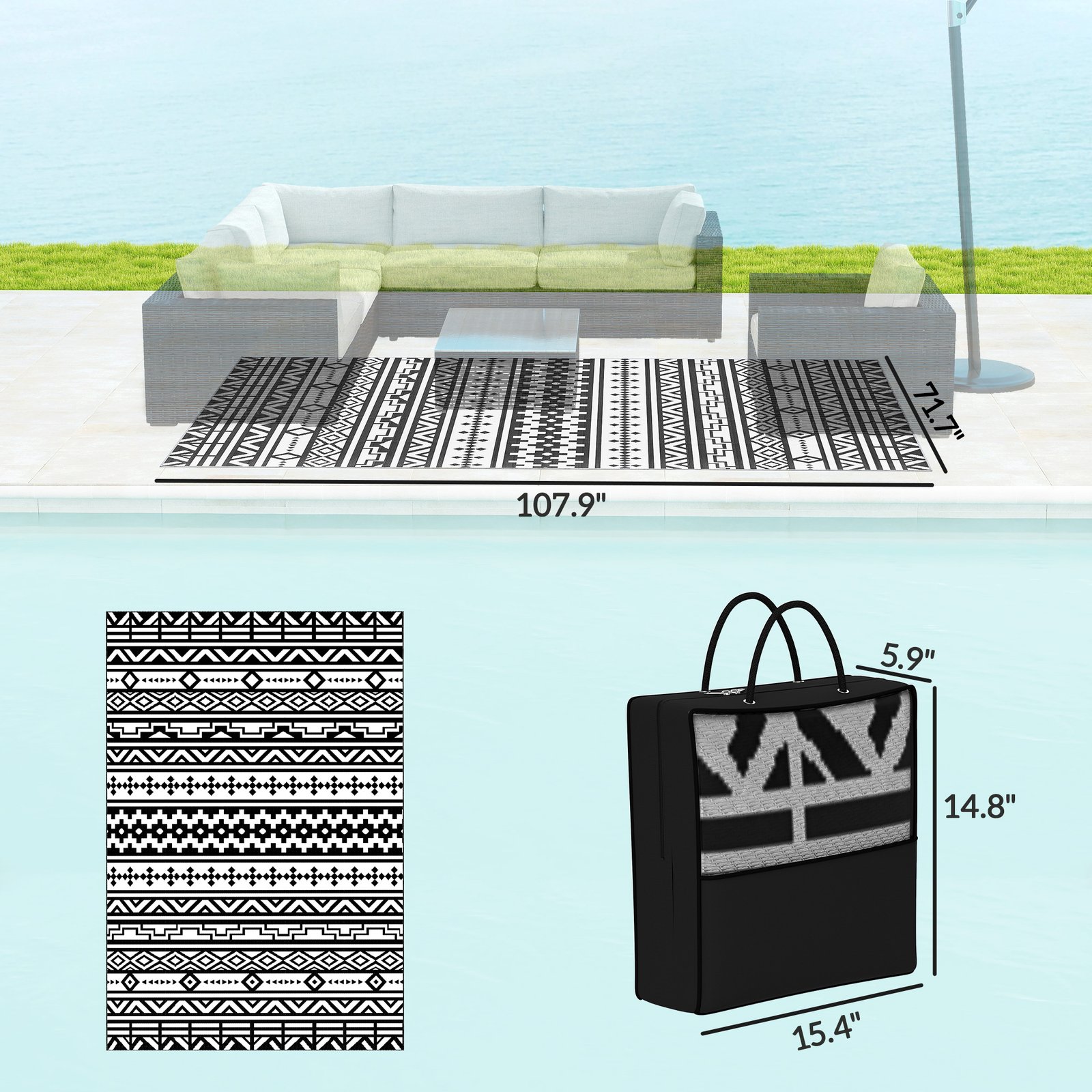 Reversible Outdoor Rug, Waterproof Plastic Straw With Carry Bag, 6 X 9, Black & White Geometric Wall - Image 3