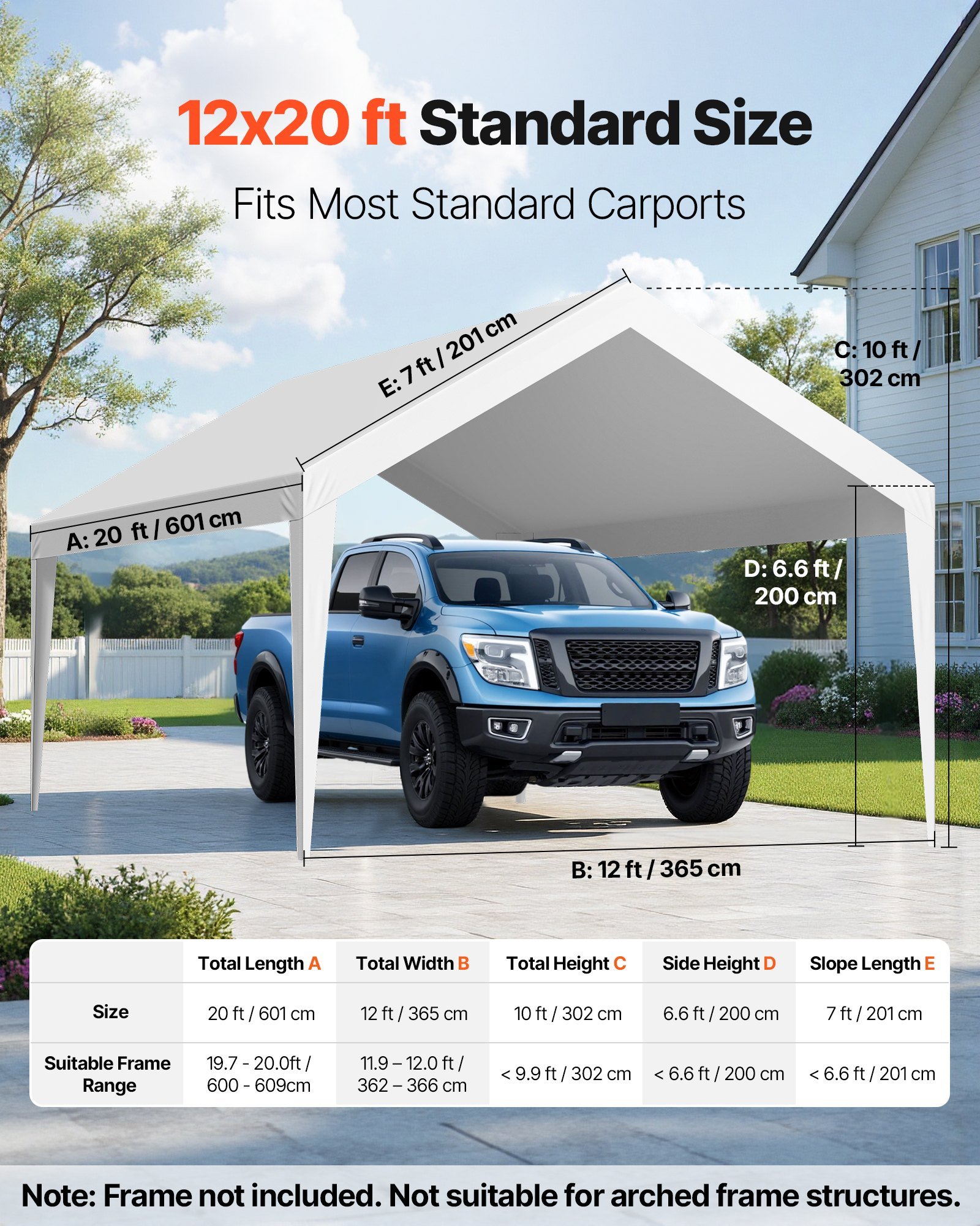 Carport Replacement Canopy, 12 X 20 Ft Potable Garage Tent Top Tarp, UV-Resistant & Waterproof Car Shelter Tarp, Heavy Duty Car Port Cover With Ball Buggees, White, Frame Not Included