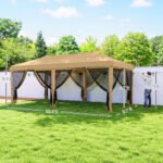 10' X 20' Pop Up Canopy Tent With Netting, Heavy Duty Instant Sun Shelter, Large Tents For Parties With Carry Bag For Outdoor, Garden, Patio, Beige