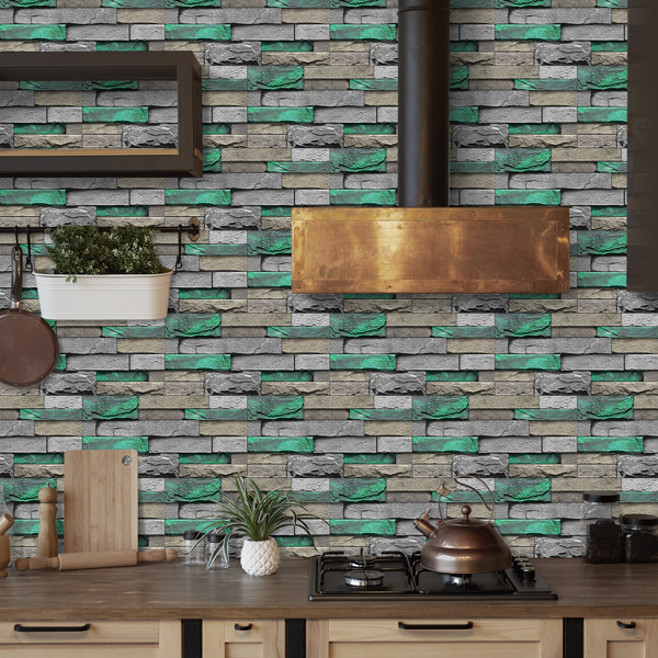 PVC Green Brick And Stone Pattern Self-adhesive Wallpaper, Removable Without Leaving Glue, Peel And Stick Wallpaper - Image 5
