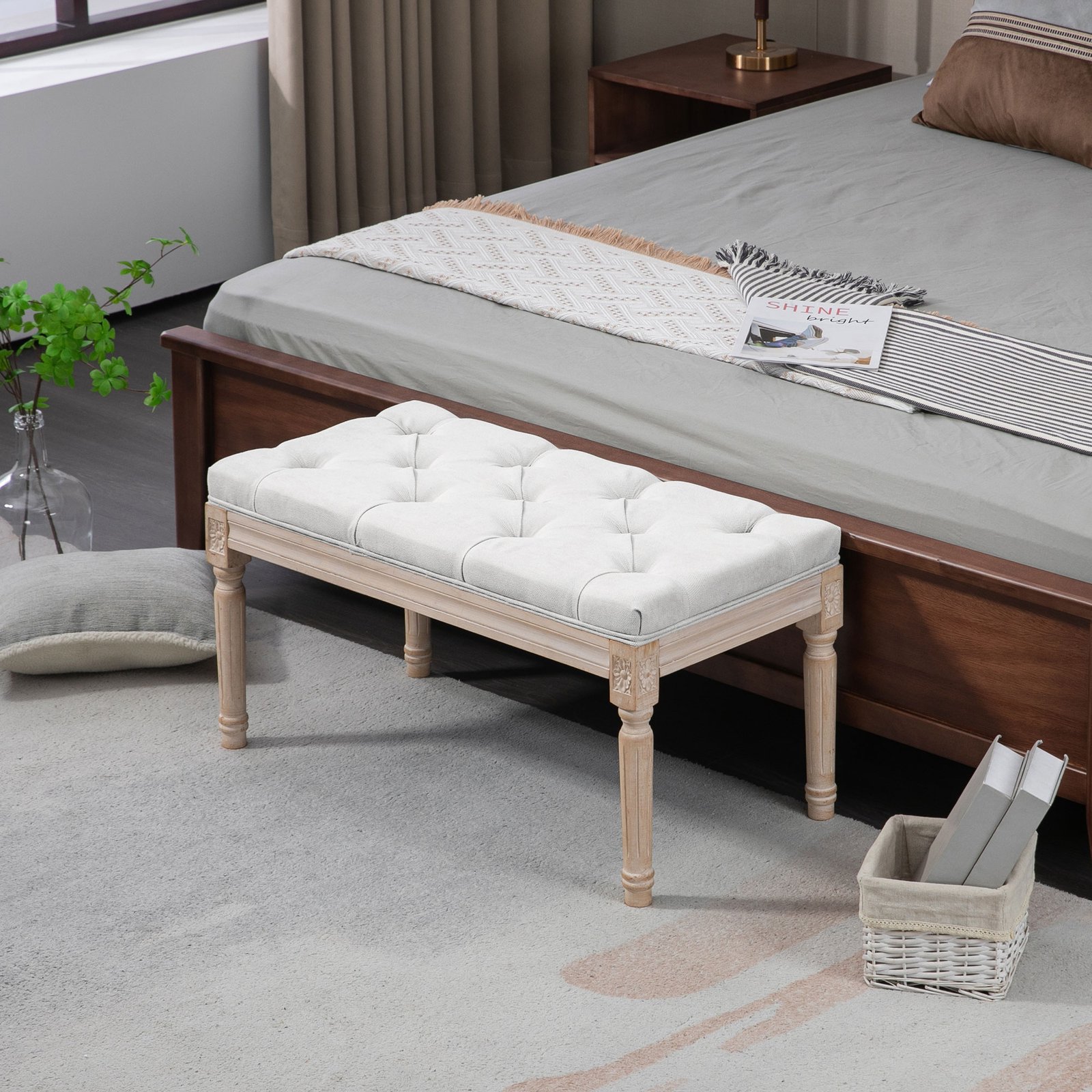 32" Linen Upholstered Bedroom Bench, French End of Bed Bench with Thick Padded Cushion and Wooden Legs, Cream White
