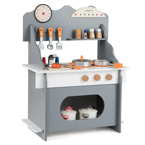 Gray Wooden Toddler Play Kitchen With Sink & Accessories, Safe Gift For Kids 3+ - Image 2