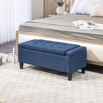 Upholstered Storage Ottoman Bench, Button Tufted Ottoman With Hidden Storage, Lift Top For Living Room, Dark Blue