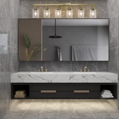 37  Golden 6-Light Vanity Light With Clear Glass Shades, Modern Iron Metal Bathroom Wall Fixture For Mirror, Ideal For Bathroom And Dressing Table -No Bulbs