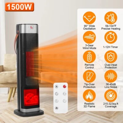 1500W Oscillating Ceramic Tower Space Heater With 3D Flame Portable Electric Heater With 3 Wind Modes F Heating Remote Control 12H Timer Overheat Tip-Over Protection For Bedroom Office