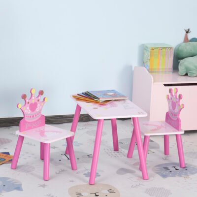 3-Piece Kids Wooden Table And Chair Set With Crown Pattern Gift For Girls Toddlers Arts Reading Writing Age 2-4 Years Pink