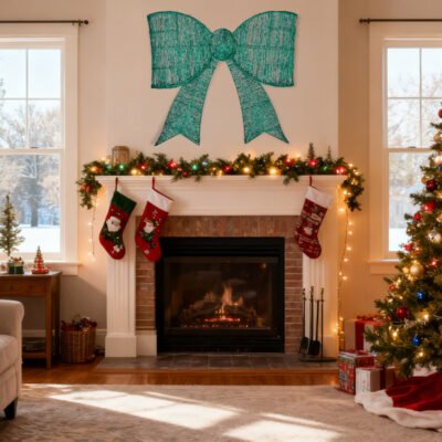 Pre-lit Outdoor Giant Bowknot Christmas Decoration, Lighted Metal Frame With 124 Green LED Lights, For Front Door Gate Wall Indoor Outdoor Holiday Party, Green