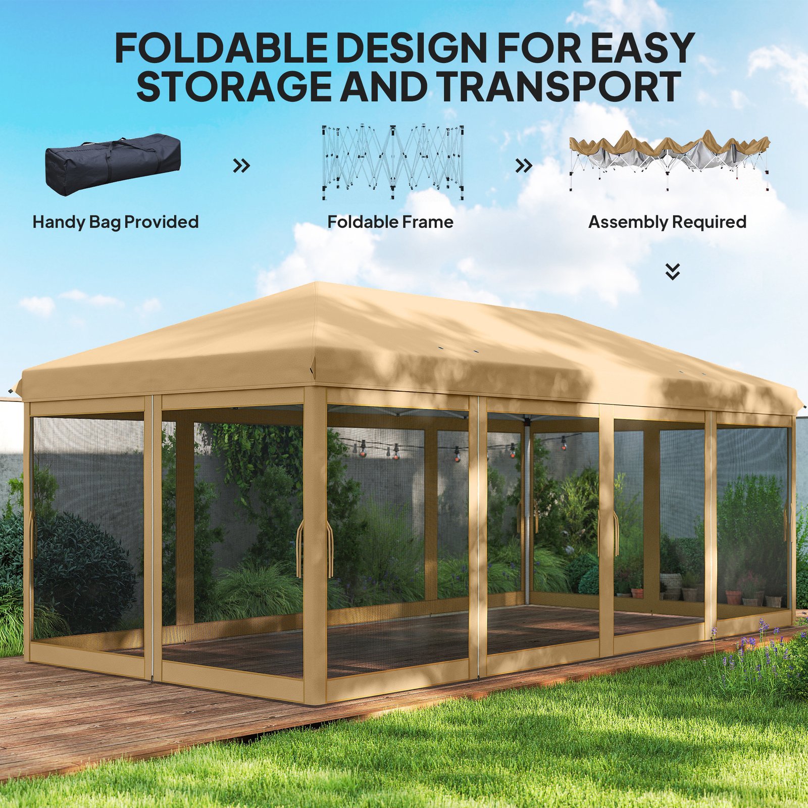 10' X 20' Pop Up Canopy Tent With Netting, Heavy Duty Instant Sun Shelter, Large Tents For Parties With Carry Bag For Outdoor, Garden, Patio, Beige - Image 3