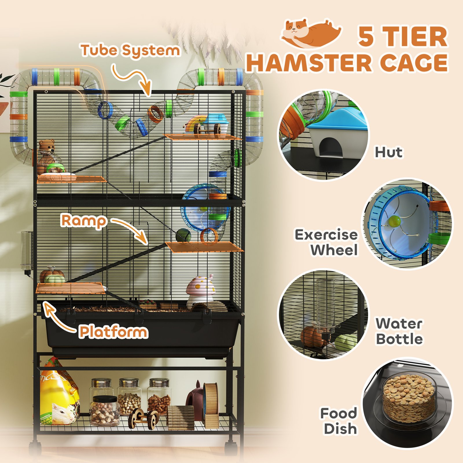 5 Tier Hamster Cage, Rolling Rat Cage With Deep Tray, Storage Shelf, Big Exercise Wheel, Hut, Tube System - Image 3