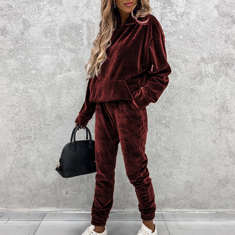 Solid Color Hooded Sports Casual Silver Fox Velvet Suit For Women - Image 2