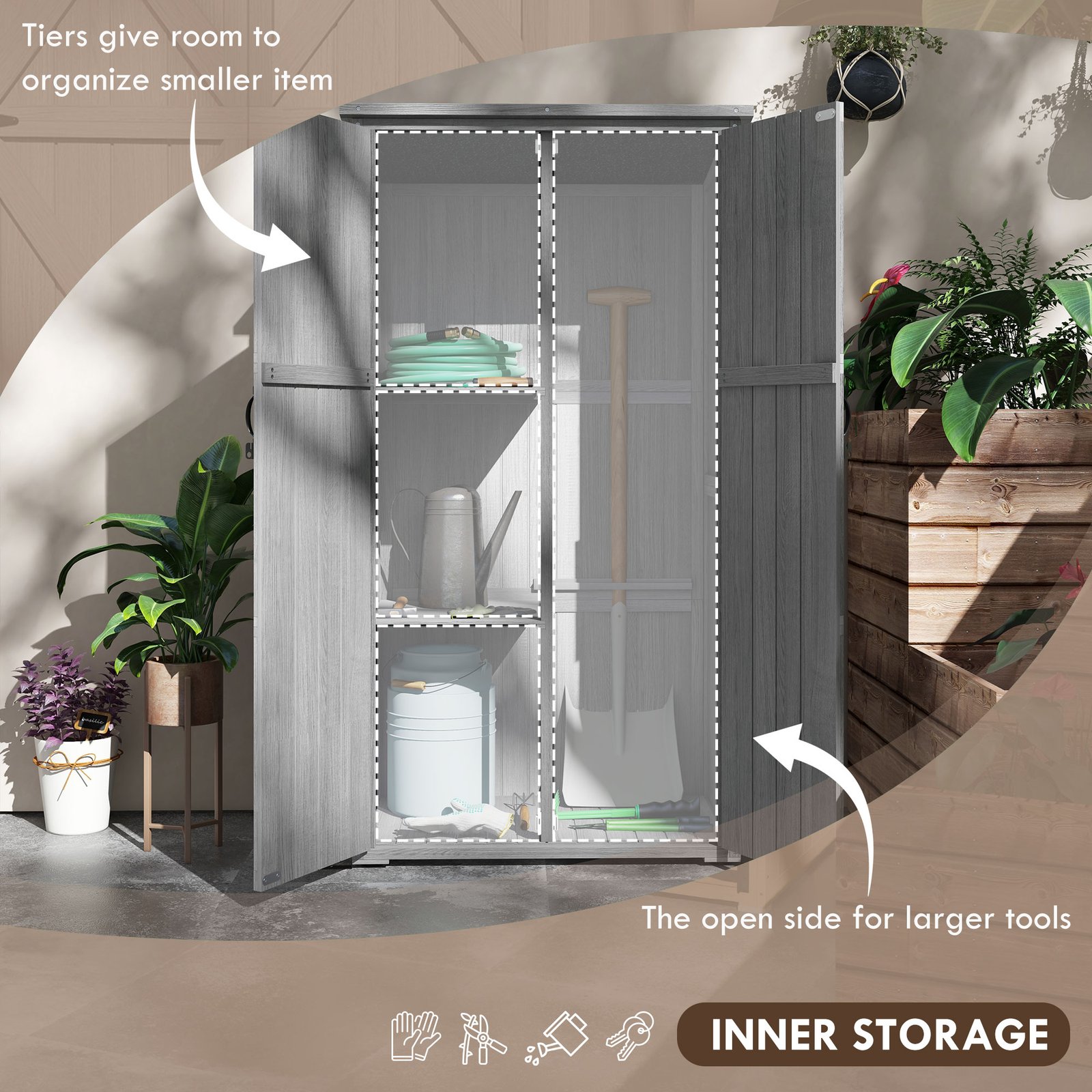Wooden Outdoor Storage Cabinet Garden Shed With Waterproof Asphalt Roof And Lockable Doors, Gray - Image 3