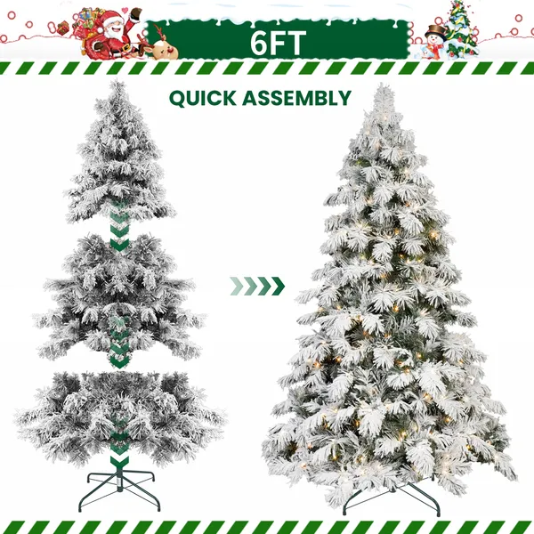 Artificial 5ft Flock LED-lit Christmas Tree With 375PE&PVC Mixed Branch Tips,Hinged Premium & Foldable Base For Indoor Holiday Decorating - Image 2