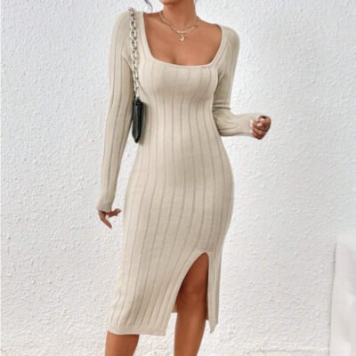 Square Collar Long Sleeve Knitted Dress Women