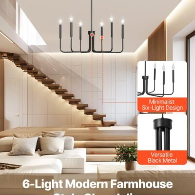 6-Light Chandelier, Black Farmhouse Chandelier, Adjustable Height, Dining Room Hanging Light Fixture For Ceilings, Modern Chandelier For Bedroom, Foyer, Hall, Kitchen, Living Room And Entryway