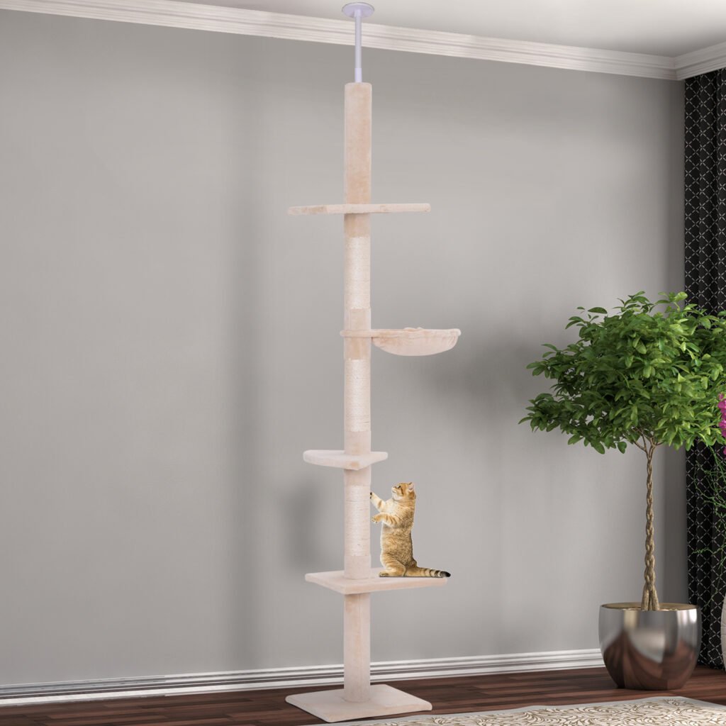 102" Adjustable Height Floor To Ceiling Cat Tree, 5 Level Cat Tower With Scratching Posts, Hammock, Beige —