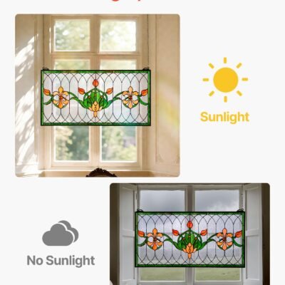 Stained Glass Window Panel, 32 X 17 In, Tiffany Style Hanging Transom Window Panel With Chain, Large Horizontal Rectangle Stain Glass, Vintage Traditional Art Handcrafts For Kitchen Home Decor