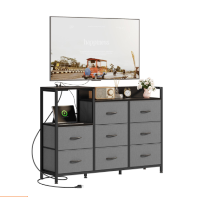 The Wooden Top TV Media Control Console Table Features 8 Fabric Drawers And 1 Shelf. The TV Stand Can Accommodate Up To 45-inch TVS