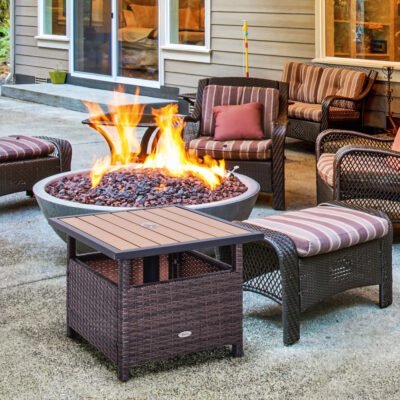 22" Outdoor Side Table With Umbrella Hole, Rattan Wicker End Table With Sand Bag And Steel Frame For Outdoor, Patio, Garden, Backyard, Brown & Light Yellow