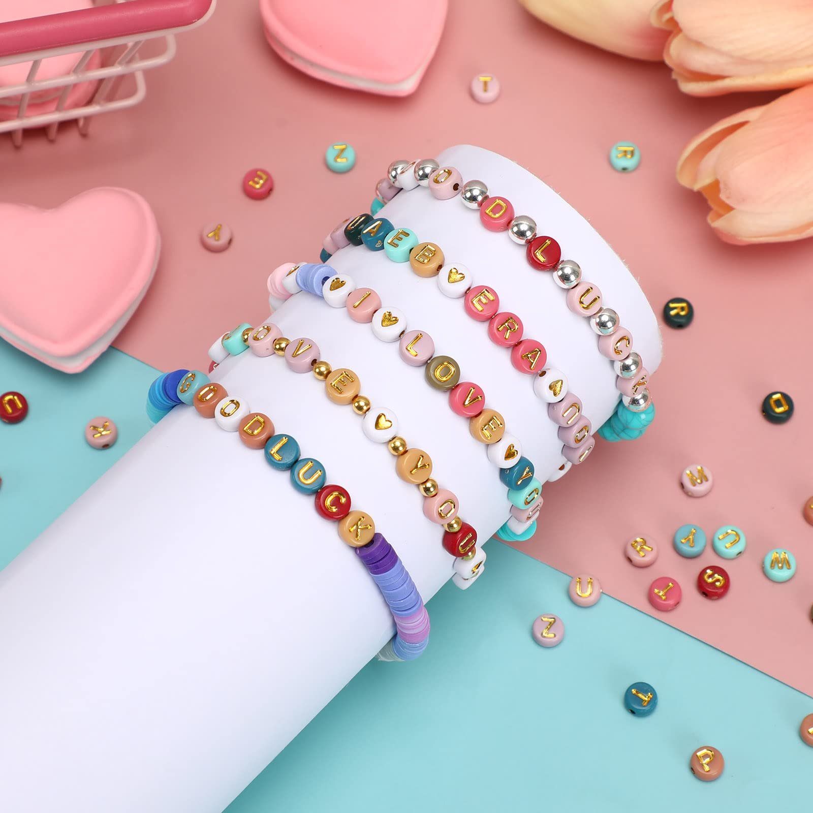 Colored Letter Beads, 1900Pcs 4x7mm Colorful Gold Acrylic Alphabet Beads With 1 Roll Elastic String For Bracelet Necklace Jewelry Making Supplies - Image 5