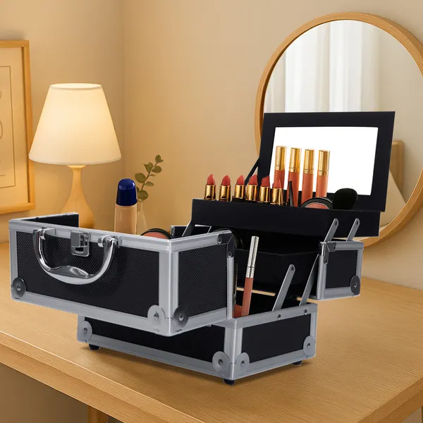 Portable Diamond Texture Aluminum Makeup Storage Bag With Mirror & Key Black - Image 2