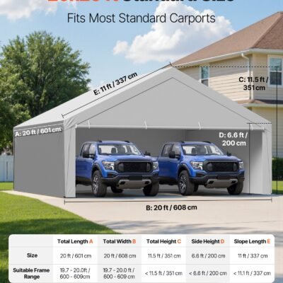 Carport Replacement Canopy, 20 X 20 Ft Potable Garage Tent Top Tarp With Sidewalls, UV-Resistant & Waterproof, Heavy Duty Car Shelter Tarp With Ball Buggees, Grey, Frame Not Included