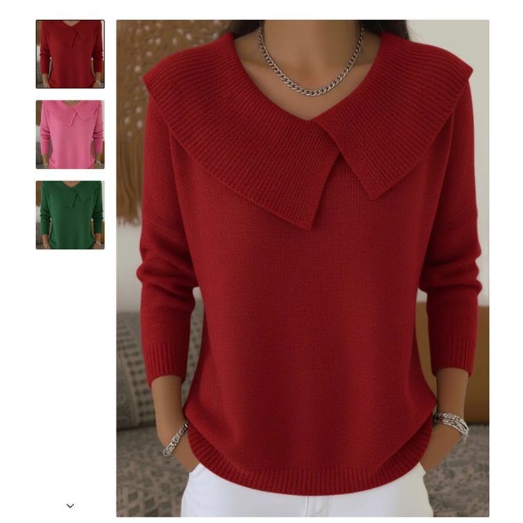 Women's Solid Color Casual V-neck Long Sleeved Sweater - Image 3