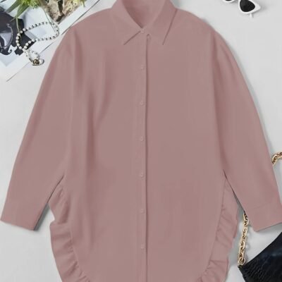 Women's Plus Size Casual Shirt With Ruffle Hem, Solid Color, Woven Polyester, Non-Stretch, Pointed Collar, Button Front, For All Seasons