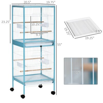 55" 2 In 1 Bird Cage Aviary Parakeet House For Finches, Budgies With Wheels, Light Blue