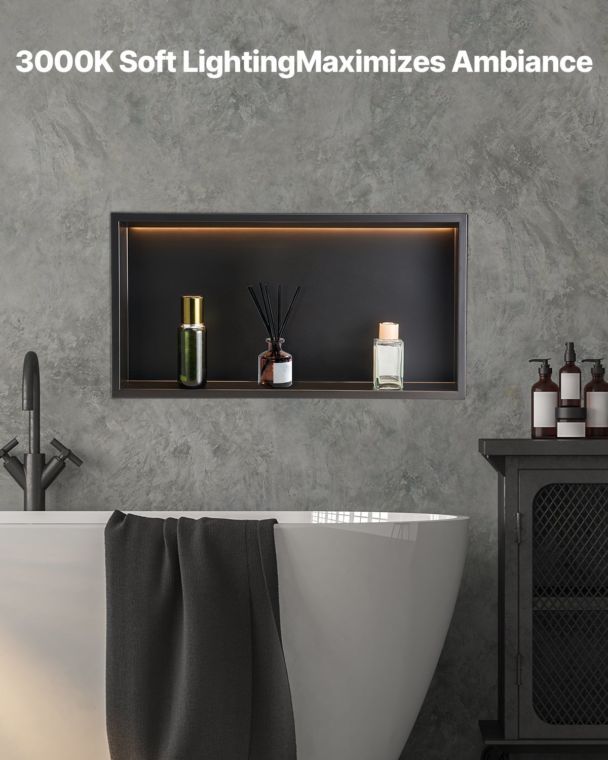 Shower Niche, 13 X 25 X 4 Inch Recessed Wall Niche With LED Strip,Heavy-duty Stainless Steel Modern Shampoo Storage Organizer,Sealed Waterproof, Durable & Easy To Install,Black For Bathroom - Image 4