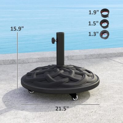 Round Patio Umbrella Base With Wheels, 44 Lbs Resin Umbrella Stand Base, Heavy Duty Patio Umbrella Holder For 1.3"/1.5"/1.9" Umbrella Poles For Outdoor, Lawn, Poolside, Black