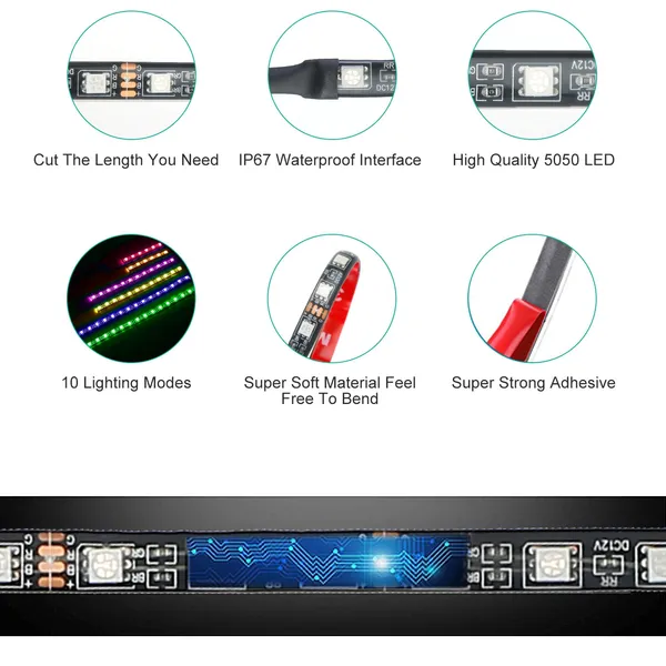 6Pcs Motorcycle LED Light Strips Multi-Color Neon Light Kits Waterproof DC 12V RGB Atmosphere Lights - Image 3