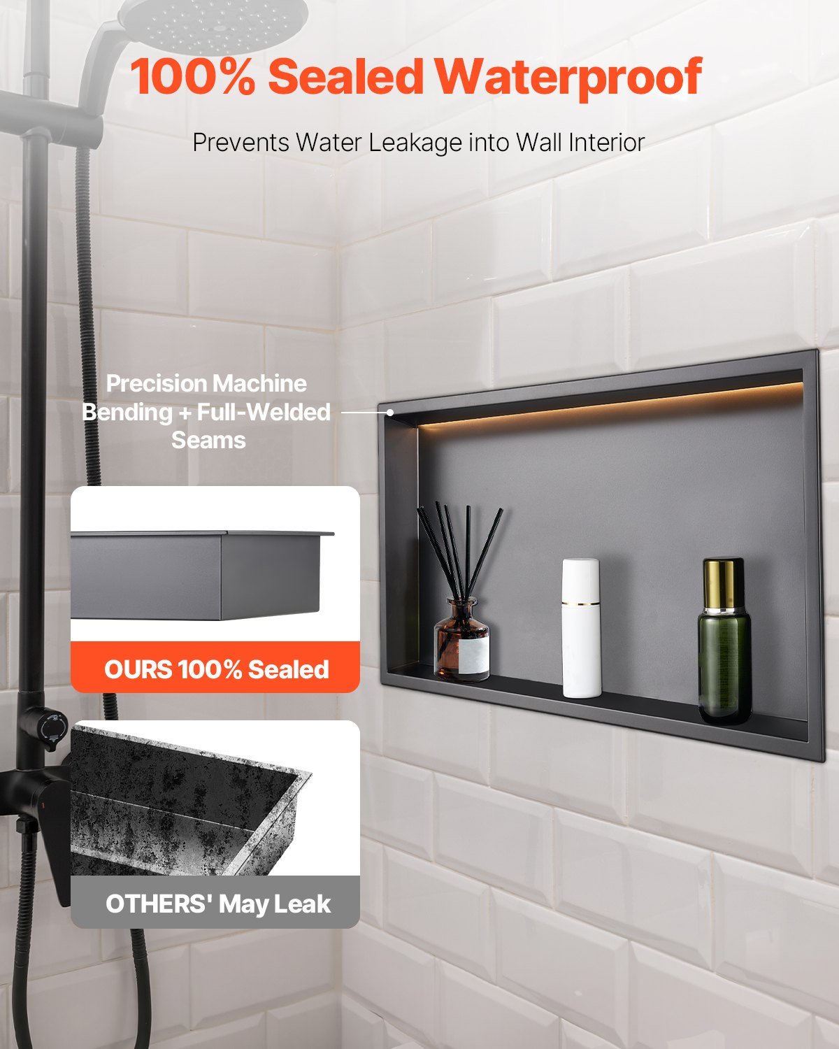 Shower Niche, 13 X 25 X 4 Inch Recessed Wall Niche With LED Strip,Heavy-duty Stainless Steel Modern Shampoo Storage Organizer,Sealed Waterproof, Durable & Easy To Install,Black For Bathroom - Image 2