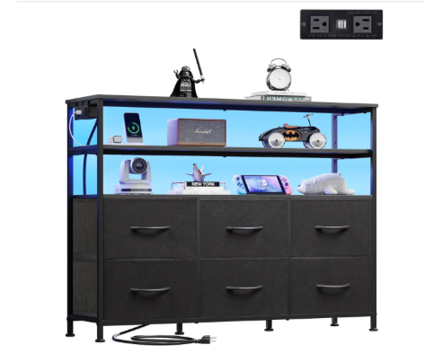 39-inch TV Stand For Up To 45 Inch TVs, Entertainment Center With RGB LED Lights & Charging Station, Media Console With 6 Fabric Drawers