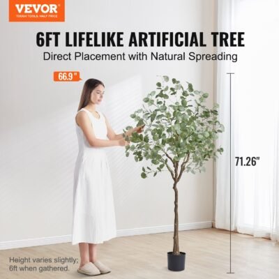 Artificial Eucalyptus Tree, 6 FT Tall Faux Plant, Secure PE Material & Anti-Tip Tilt Protection Low-Maintenance Plant, Lifelike Green Fake Potted Tree For Home Office Decor Indoor Outdoor