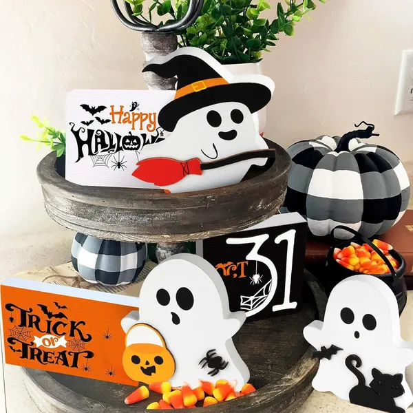Ute Ghost Halloween Decorations Indoor, Wooden Tiered Tray Decor Table Sign Set Of 3, Black Cat Bat Witch Broom Signs Pumpkin Blocks For Party Home Shelf Display - Image 4