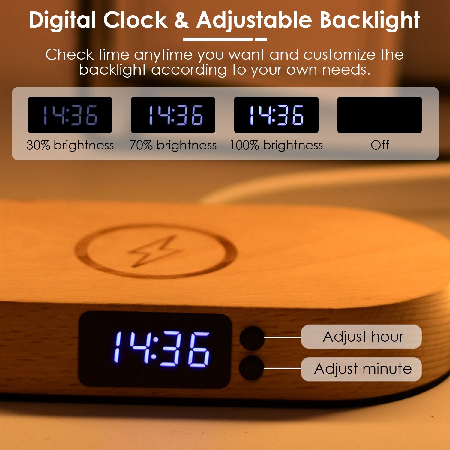 1 Set Bedside Table Lamp Touch Control Lamp With Clock Wireless Charging LED Desk Lamp Dimmable Nightstand Reading Lamp - Image 3