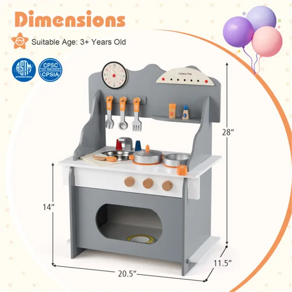 Gray Wooden Toddler Play Kitchen With Sink & Accessories, Safe Gift For Kids 3+ - Image 4