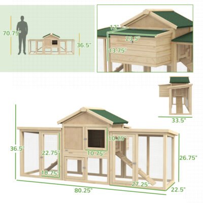 Wooden Chicken Coop Ith Nesting Box, Double Runs, Removable Tray, Ramps, For Garden Backyard