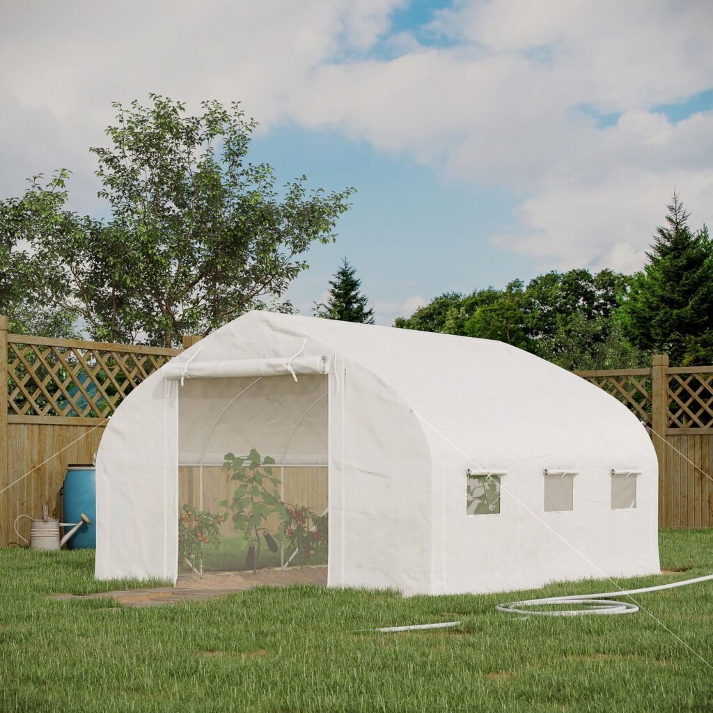11.5' X 10' X 6.5' Walk-in Tunnel Greenhouse, Green House With Zippered Mesh Door, 7 Mesh Windows & Roll-up Sidewalls, Upgraded Gardening Plant Hot House With Galvanized Steel Hoops, White —