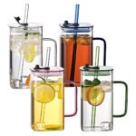 1 Pcs Green Glass Straw Cup, 4 Colors Square Glass Cup With Straw And Lid, High Borosilicate Glass Cup, Milk Cup, Juice Cup, Cold Drink Cup, Coffee Cup, Tea Cup, Office Cup, Gift Cup