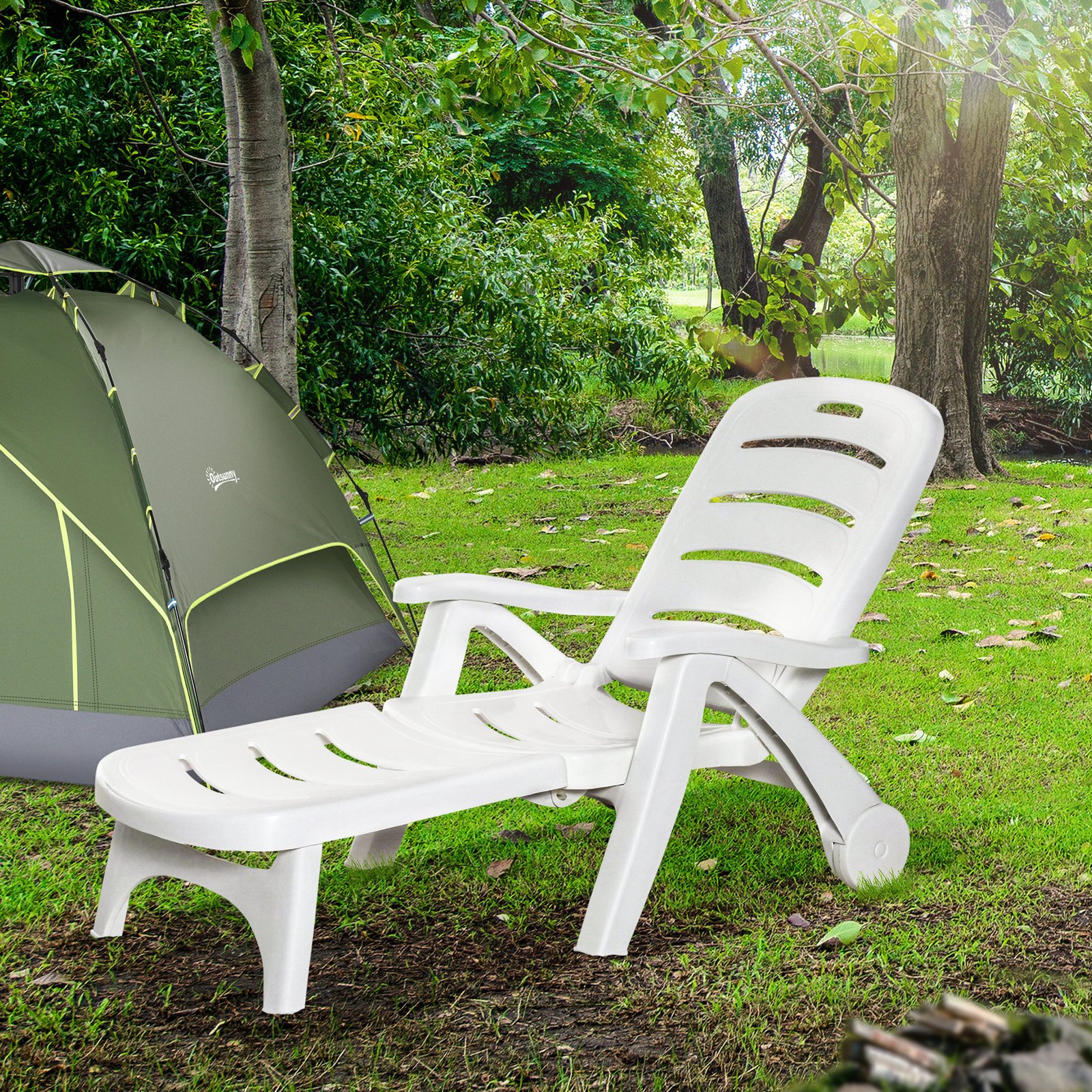 Outdoor Chaise Lounge, 5 Level Adjustable Backrest Lounge Chair With Wheels, Folding Tanning Chair For Pool, Beach, Patio, Garden, White - Image 3
