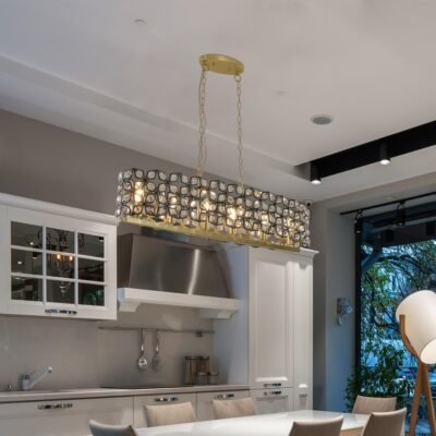 39  Contemporary Crystal And BlackGold Pendant Chandelier -Geometric Modern Light Fixture For Dining Room, Kitchen, Or Living Room  Bulb Not Included