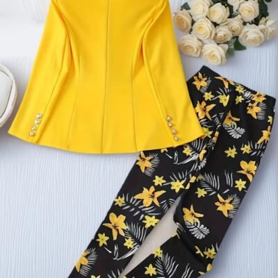New Women's Fashionable Solid Color Top And Printed Pants Set, Machine Washable, Perfect Choice For Spring And Autumn